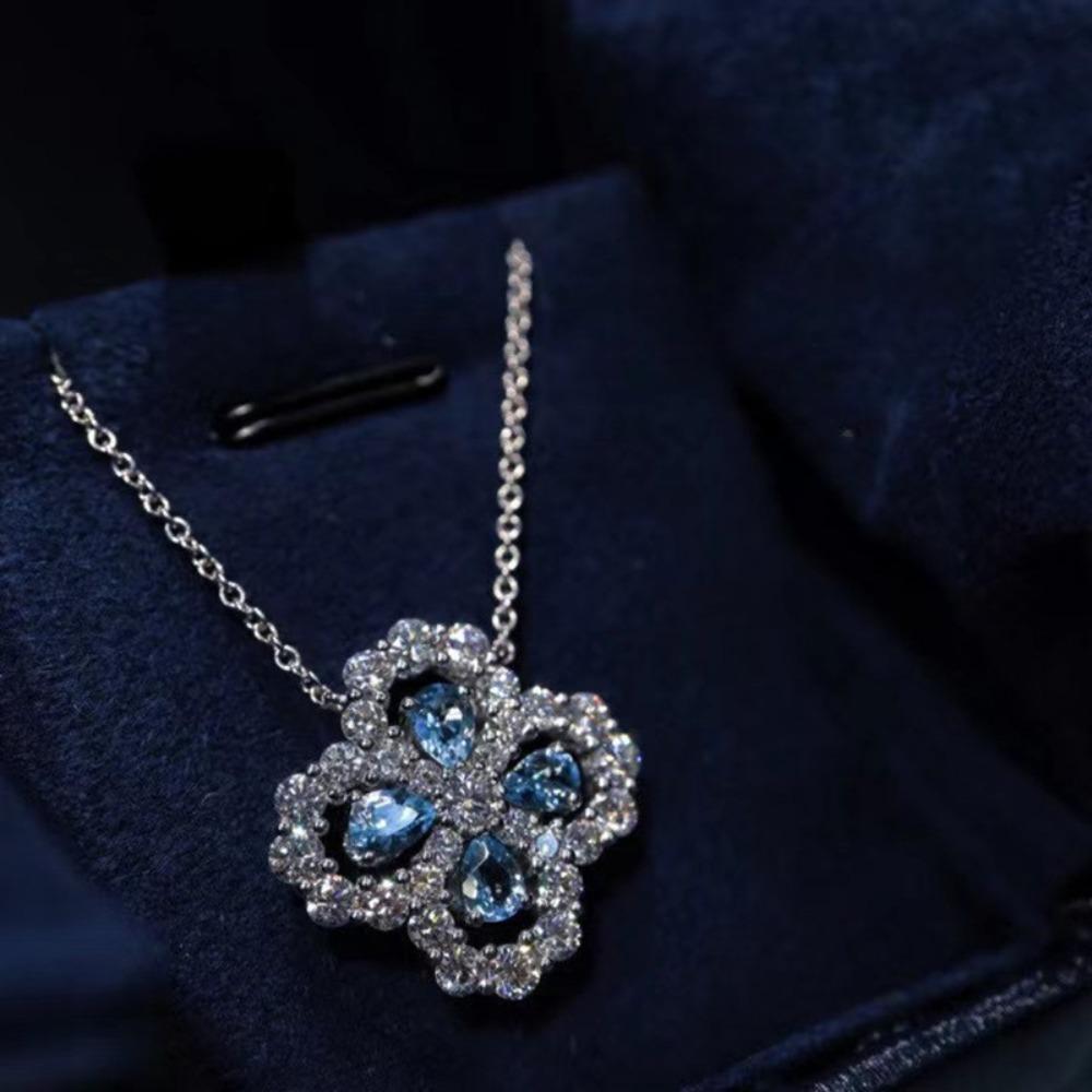 Elegant Minimalist Four Leaf Clover Necklace with Aquamarine and Full Diamonds Delicate Collarbone Chain Luxury Jewelry
