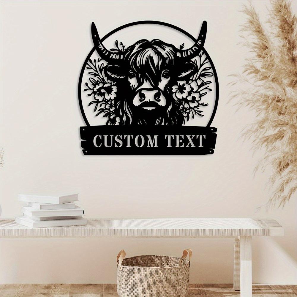 Unique 1pc Custom Metal Highland Cow Outline Engraved Family Name Wall Art House Number Address Sign