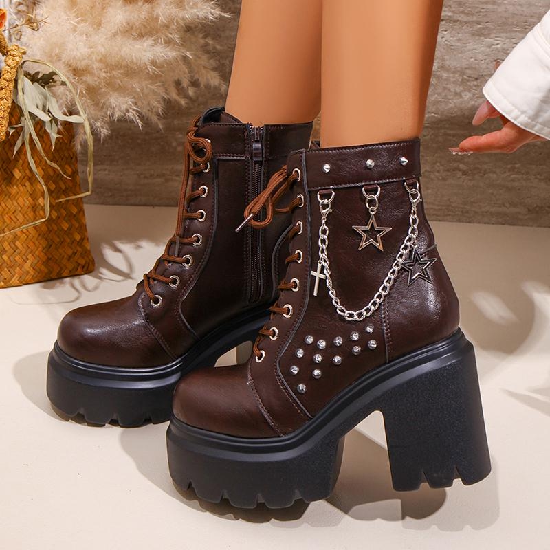 Women'S Gothic Platform Boots Punk Chunky High Heel Ankle Boots Rivet Chain Decor Black Motorcycle Booties Woman Fashion Shoes