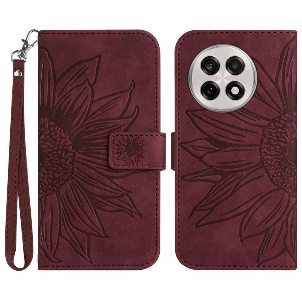 For OnePlus 13R 5G Case Sunflower Imprint Leather Wallet Phone Cover with Wrist Strap