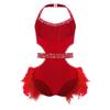 Girls Latin Dance Costume Sparkly Rhinestones Halter Leotard with Feather Skirt for Performance
