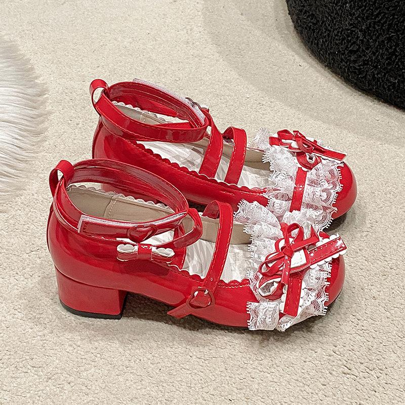 

2025 весна новые туфли Мэри Джейн с круглым носком маленькие кожаные туфли в стиле лолиты с бантом принцессы высокие туфли длинные одинарные туфли 39 красный