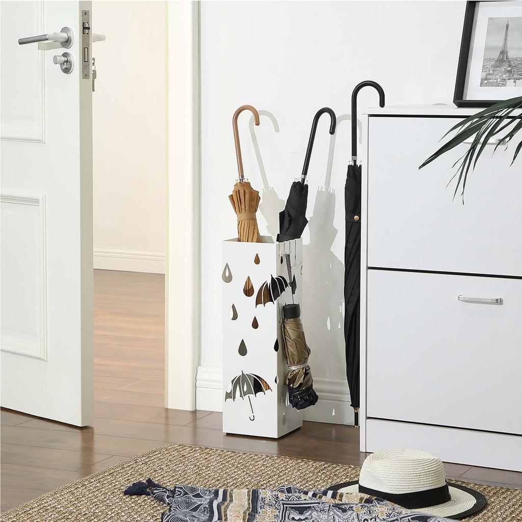 SONGMICS Metal Umbrella Stand, Square Umbrella Holder with Drip Tray and 4 Hooks, 15.5 X 15.5 X 49 Cm, White
