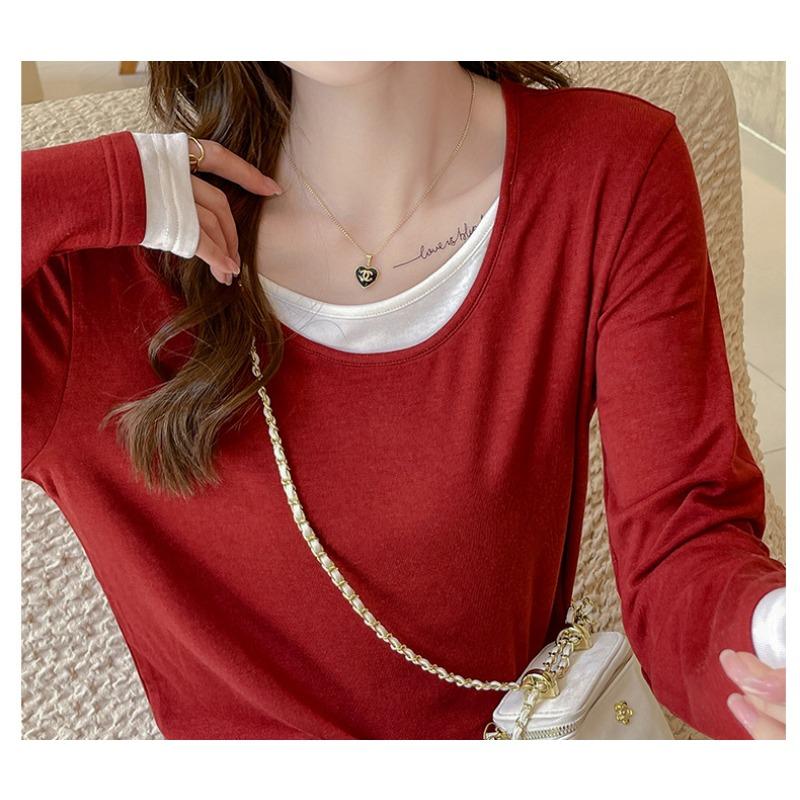 Women Fall Fake Two Piece Bottom Positive Shoulder Long Sleeve Loose Top