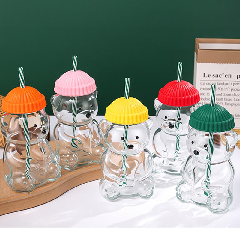 Creative Teddy Bear Glass Straw Cup: Cute, Cartoon, 600ml, High-Value, Perfect for Coffee