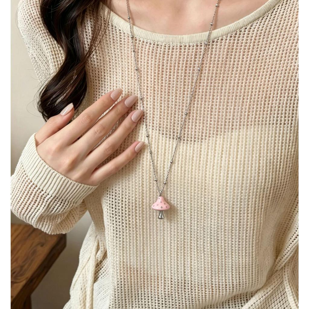 Charming 3D Mushroom Titanium Steel Necklace for Women – Sweet, Cool, Niche Design, Durable Color, Long Chain, Perfect for Hoodies and Sweaters.