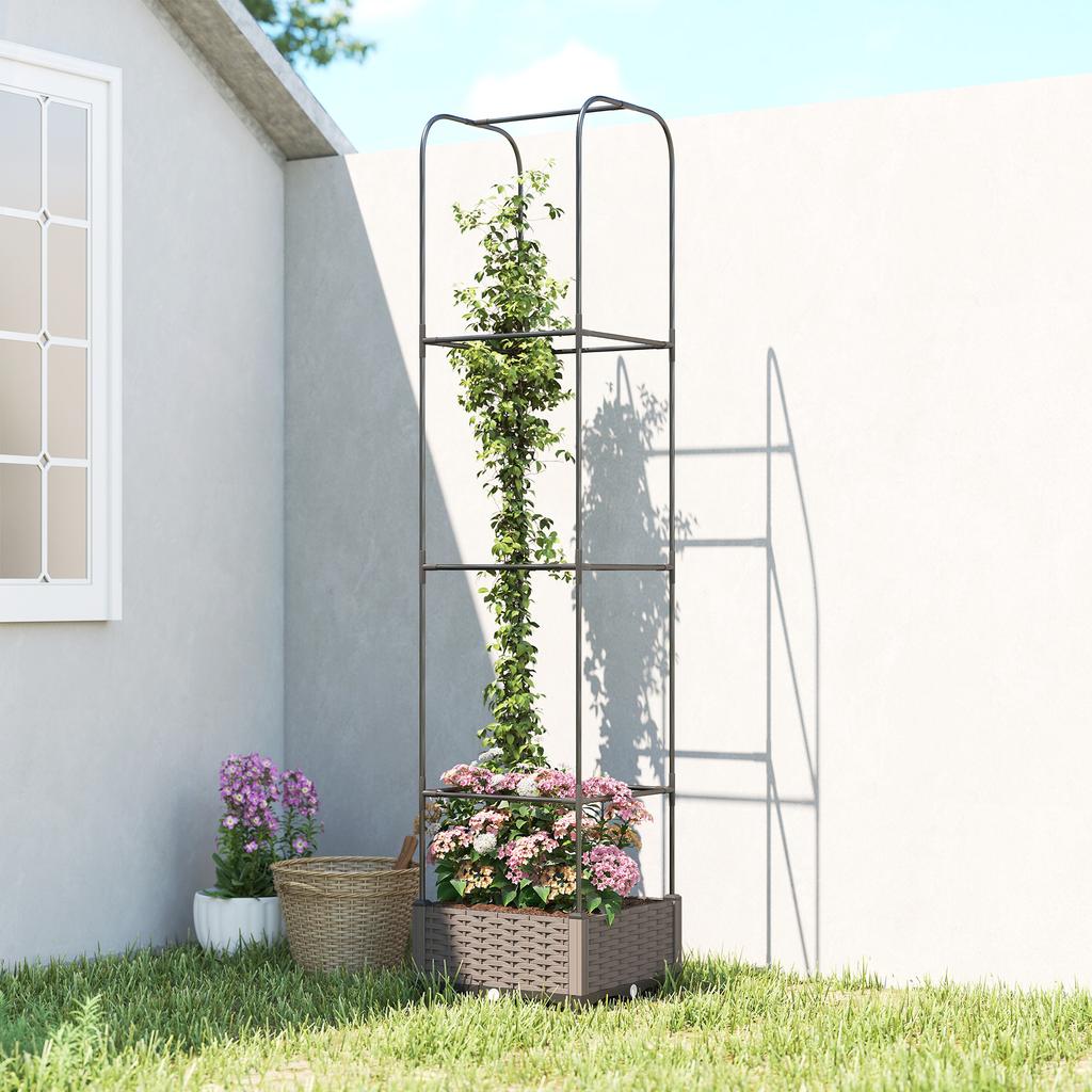 Raised Garden Bed With Trellis Plastic Planter Box With Drainage Holes Drain Plugs And Water Reservoirs