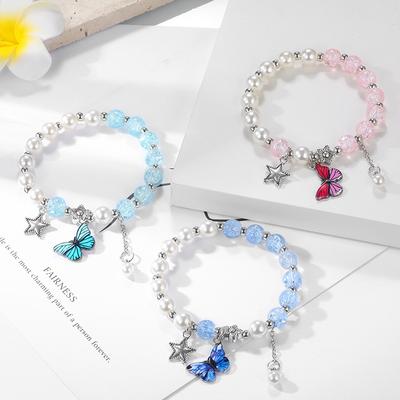 New Temperament Girlfriend Pearl Popping Crystal Bracelet Niche Design Japanese and Korean Blue Bow Bracelet Jewelry