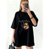 Oversized T Shirt Dress Black Some Fruits Basket Print With Colorful Fruits And Text Casual Everyday Wear For Women