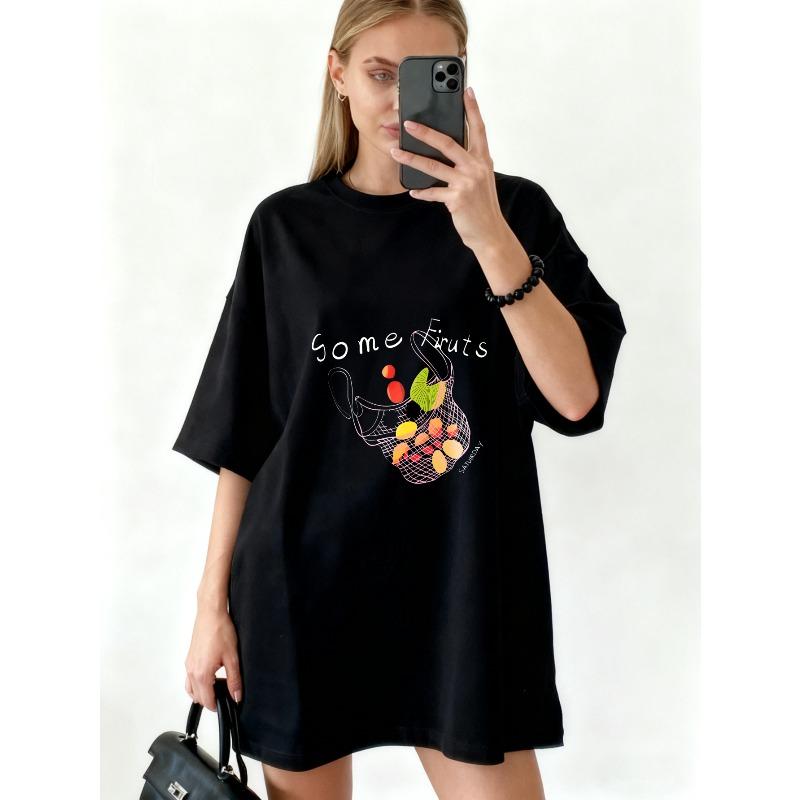 

Oversized T Shirt Dress Black Some Fruits Basket Print With Colorful Fruits And Text Casual Everyday Wear For Women XXXXL чорний