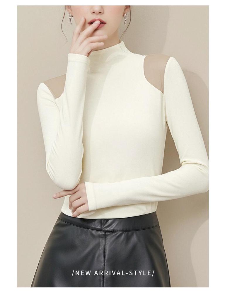 Cotton Cocoon Off-Shoulder Half-High Neck Slim Long-Sleeve Top for Women - 2026 Spring/Autumn Collection