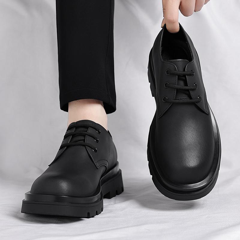 Black Men's Leather Shoes Trendy Youth Brand Styles Leisure Business Office Thick Soled Adult Shoes Minimalist Versatile