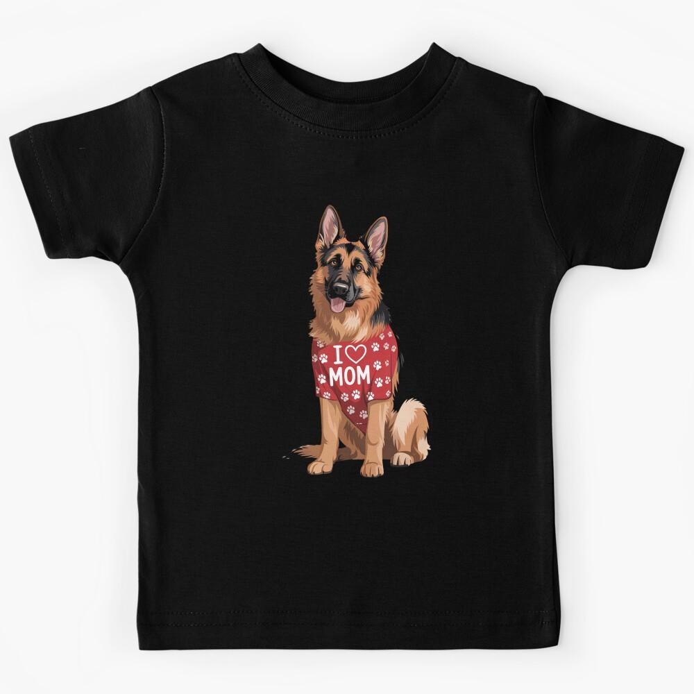 German Shepherd Wearing red Shirt paw Print Text I Love MOM Kids T-Shirt 140