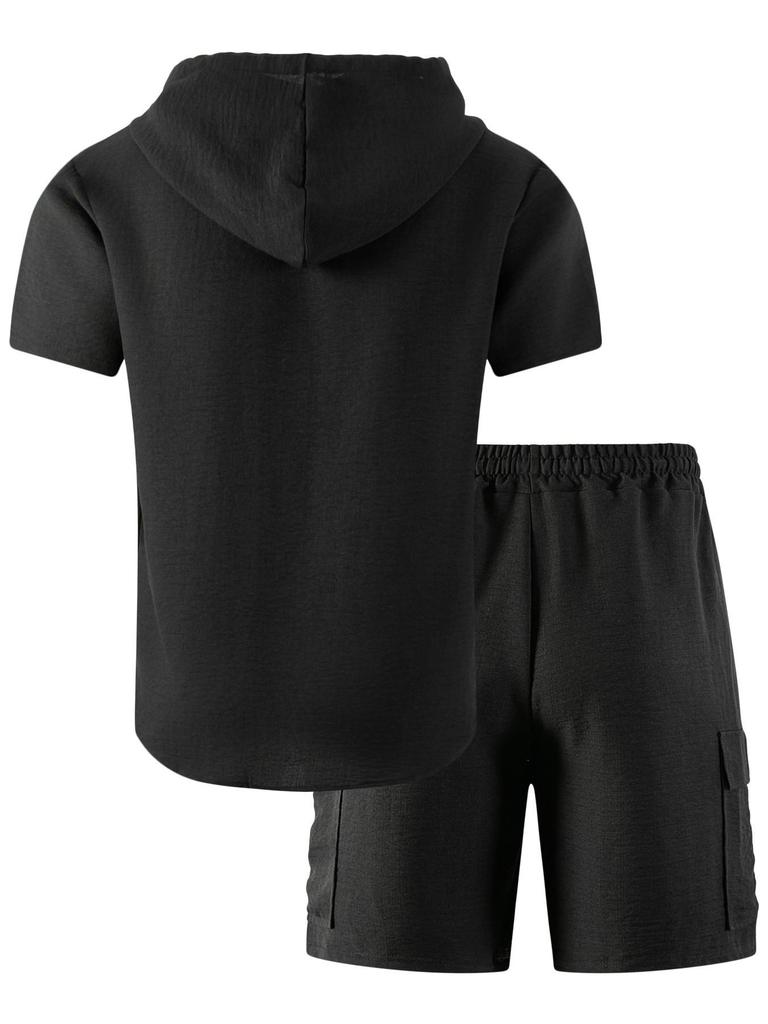 Men's Casual Summer American Style Hooded Short Sleeve Shirt & Shorts Set
