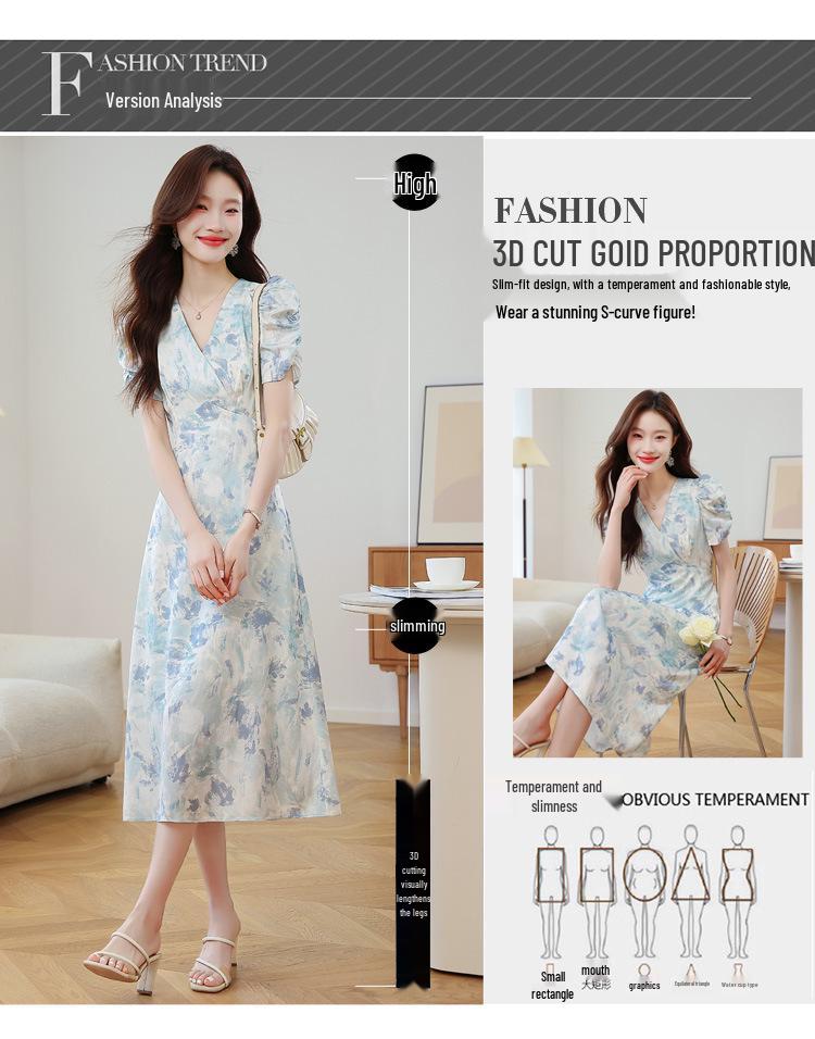 Vintage French Floral Puff Sleeve V-Neck A-Line Dress - Slim Fit Waist-Cinching Summer Long Skirt