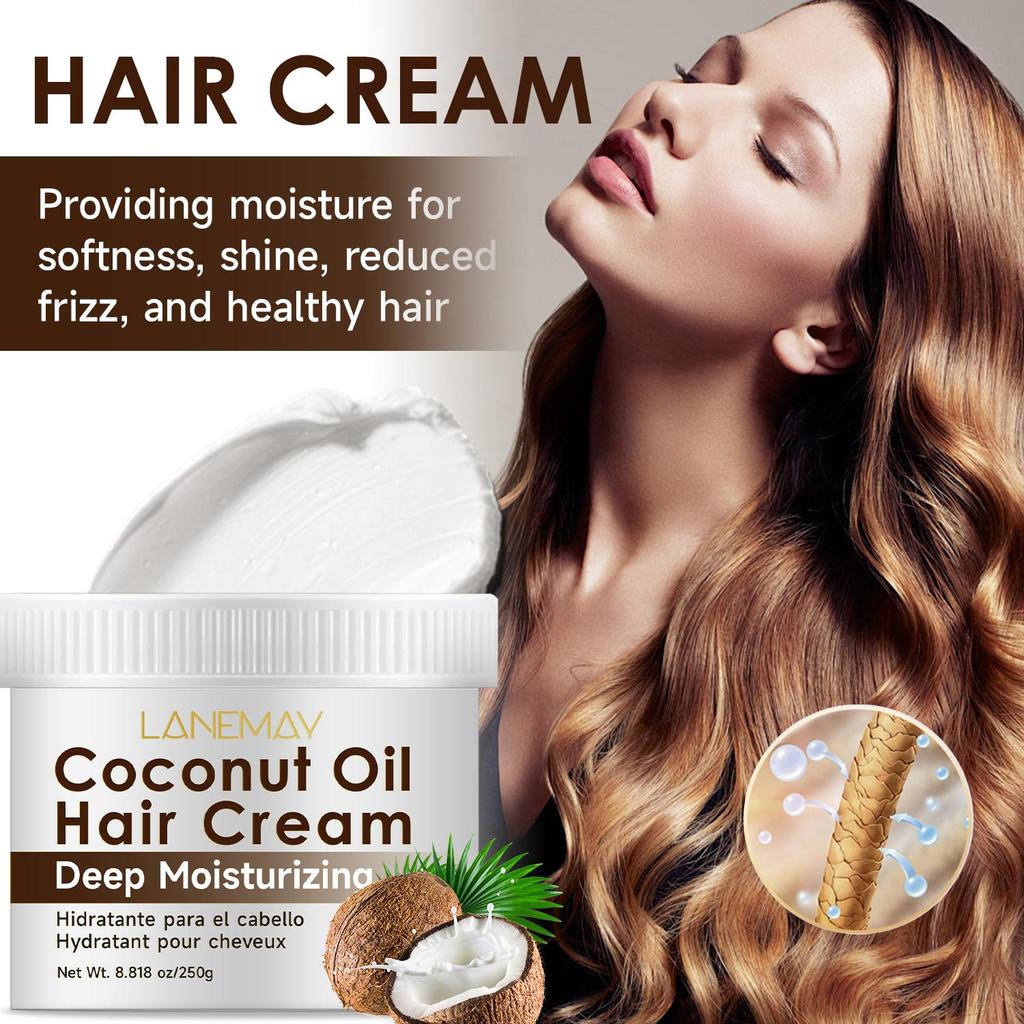 Coconut Oil Hair Cream-Providing moisture for  softness, shine, reduced  frizz, and healthy hair-For all hair types, women and men, 250ml