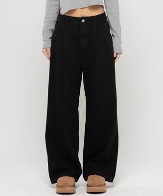 CHAMBROS Women'S One-Pleat Wide Cotton Denim Pants [Black]