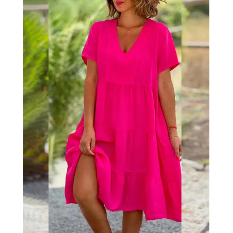 Fresh & Sweet V-Neck Solid Color Swing Short Dress for Women