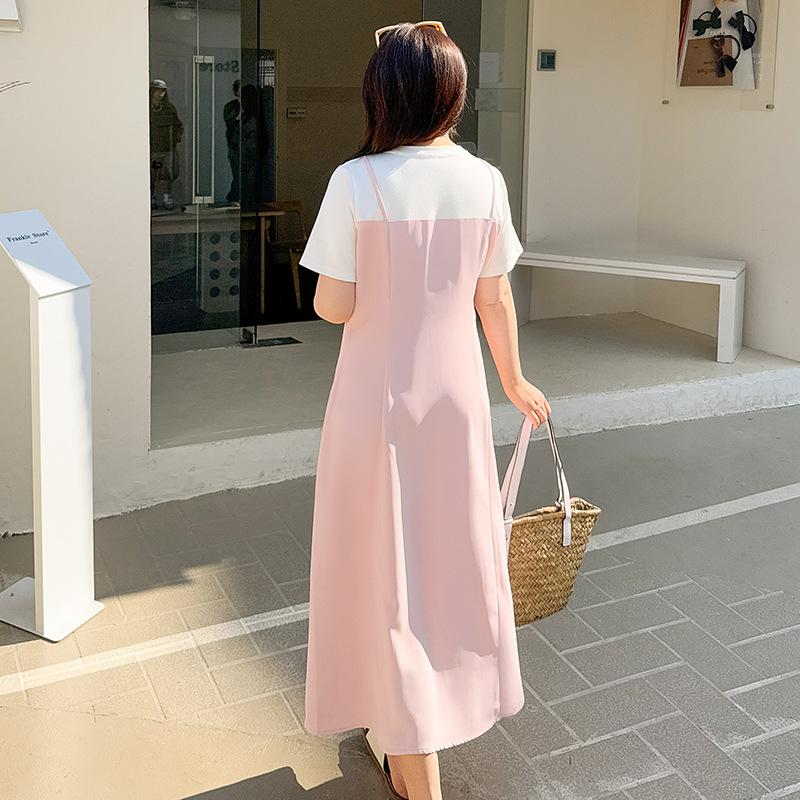 Large size women's clothing summer new temperament commuting fake two-piece women's crew neck meat-covering suspender dress 222095