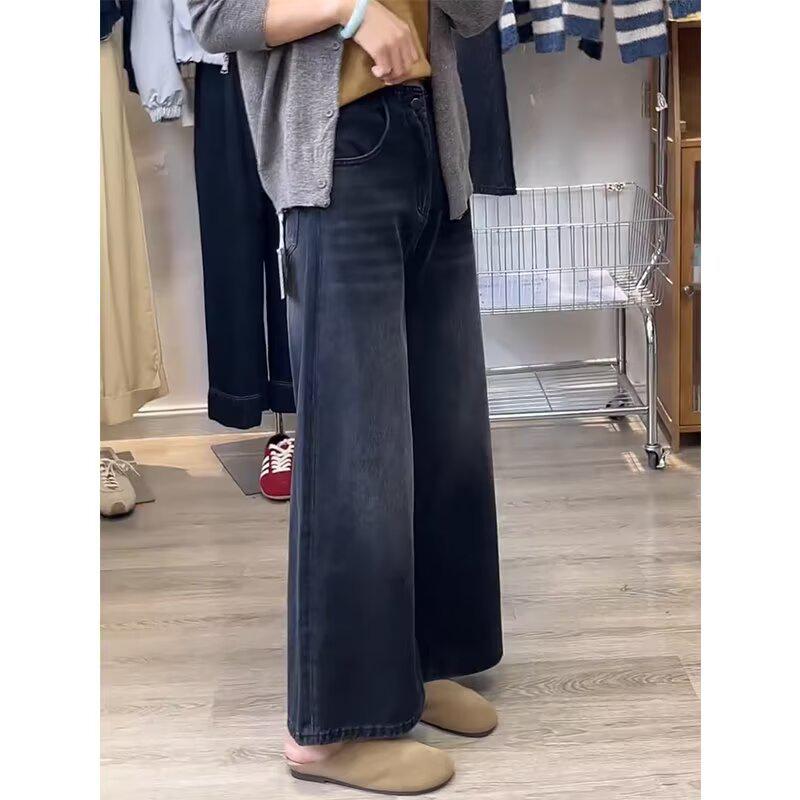 Women's High-Waist Black Gray Jeans - Autumn/Winter Loose Straight-Leg Wide Pants