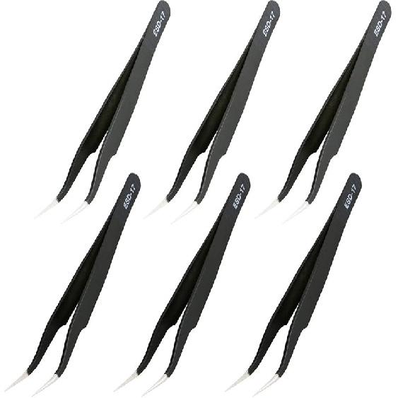 Aoje-Link ESD-13 Professional Anti-Static Technology Tweezers, Non-magnetic Flat and Round, Stainless Steel Plastic Coated, Full Length 120mm, Black,