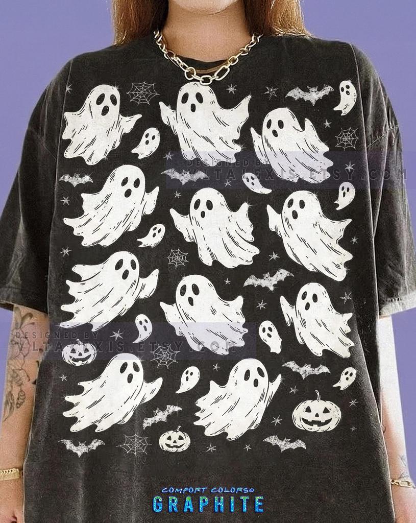 Ghosts Halloween Spooky Season Cute Ghosts Comfort Colors® Tshirt, Bats Pumpkins Spiderwebs Retro Spooky Vintage Halloween Tees,