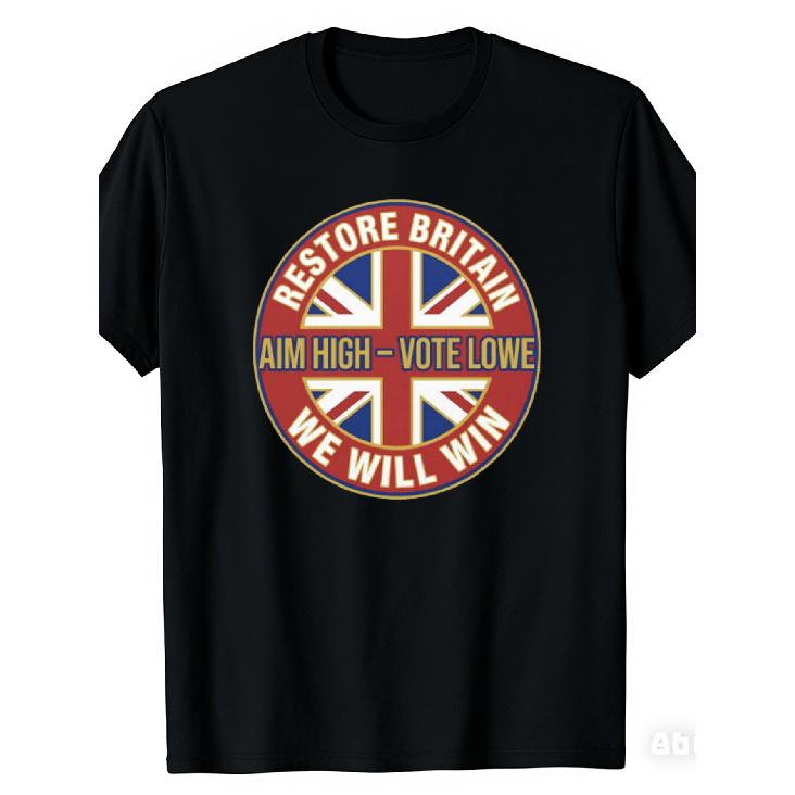 New Style Fun Neutral T-Shirt Classic Black Union Jack Design with Restore Britain Aim High Vote Lowe We Will Win Text Perfect for Political Events S чёрный