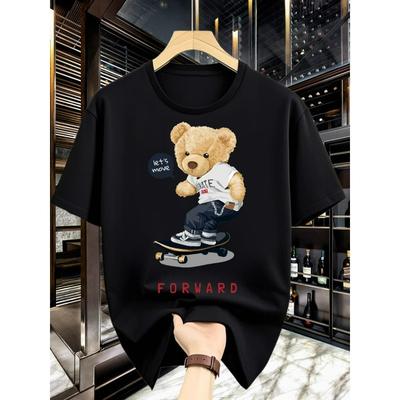 Taglie europee Uomo Girocollo Trendy, Semplice e Creativo, Orso Skateboard, Fresco e alla Moda Senso del Design Fantasia Abbigliamento Casual