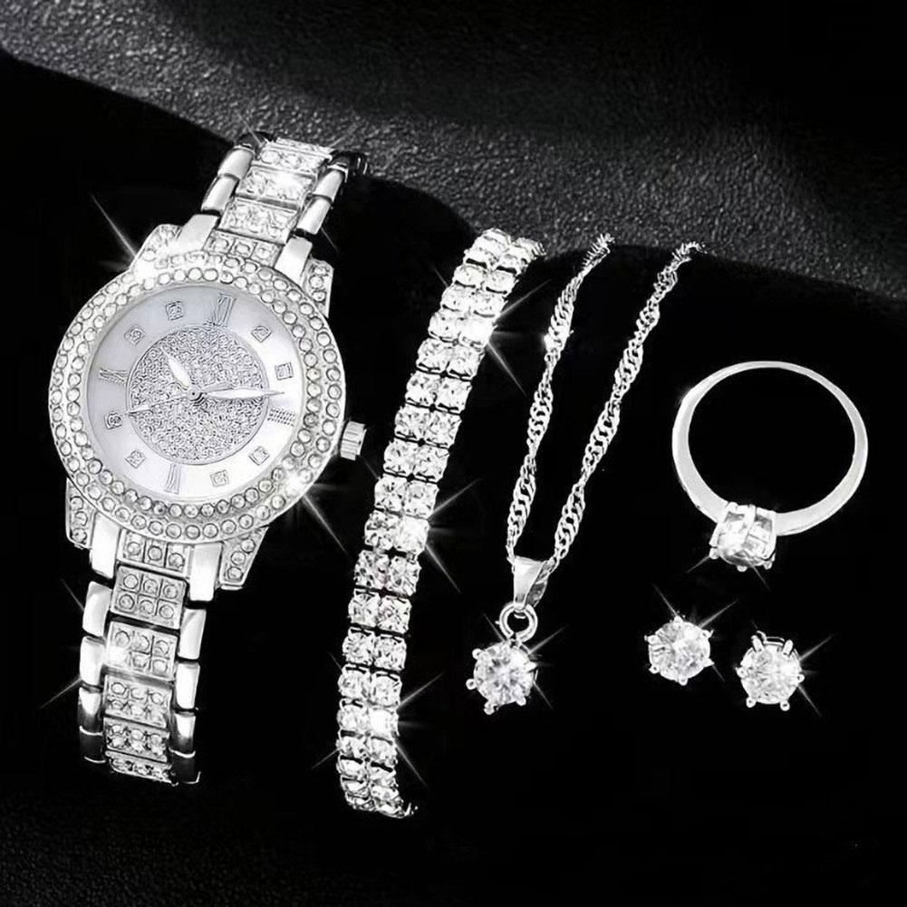 6Pcs Elegant Roman Dial Quartz Wristwatch Luxury Alloy Rhinestone Set Fashion Necklace Earrings Bracelet Jewelry Gift For Ladies