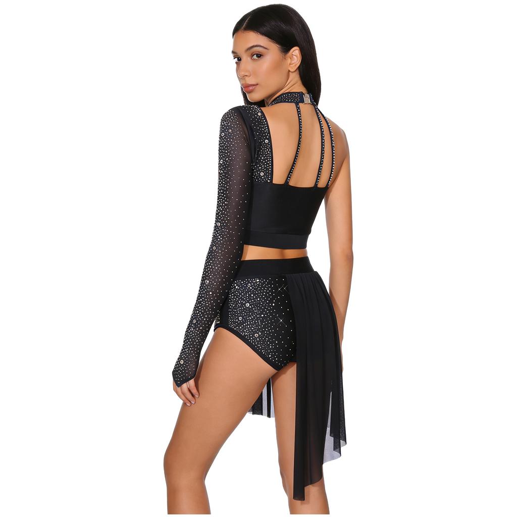 Completo da Donna Crop Top e Pantaloncini Scollo all'americana Manica Lunga Singola Schiena con Laccetti Orlo Asimmetrico in Rete Strass Danza Latina