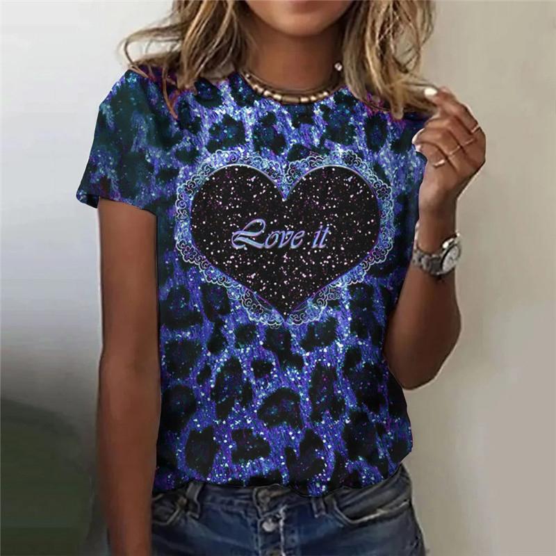 Liebesherz Muster Damen Mode T-Shirts Sommer Kurzarm 3D Druck Leopard Street Damen T-Shirt Lässige Oberteile