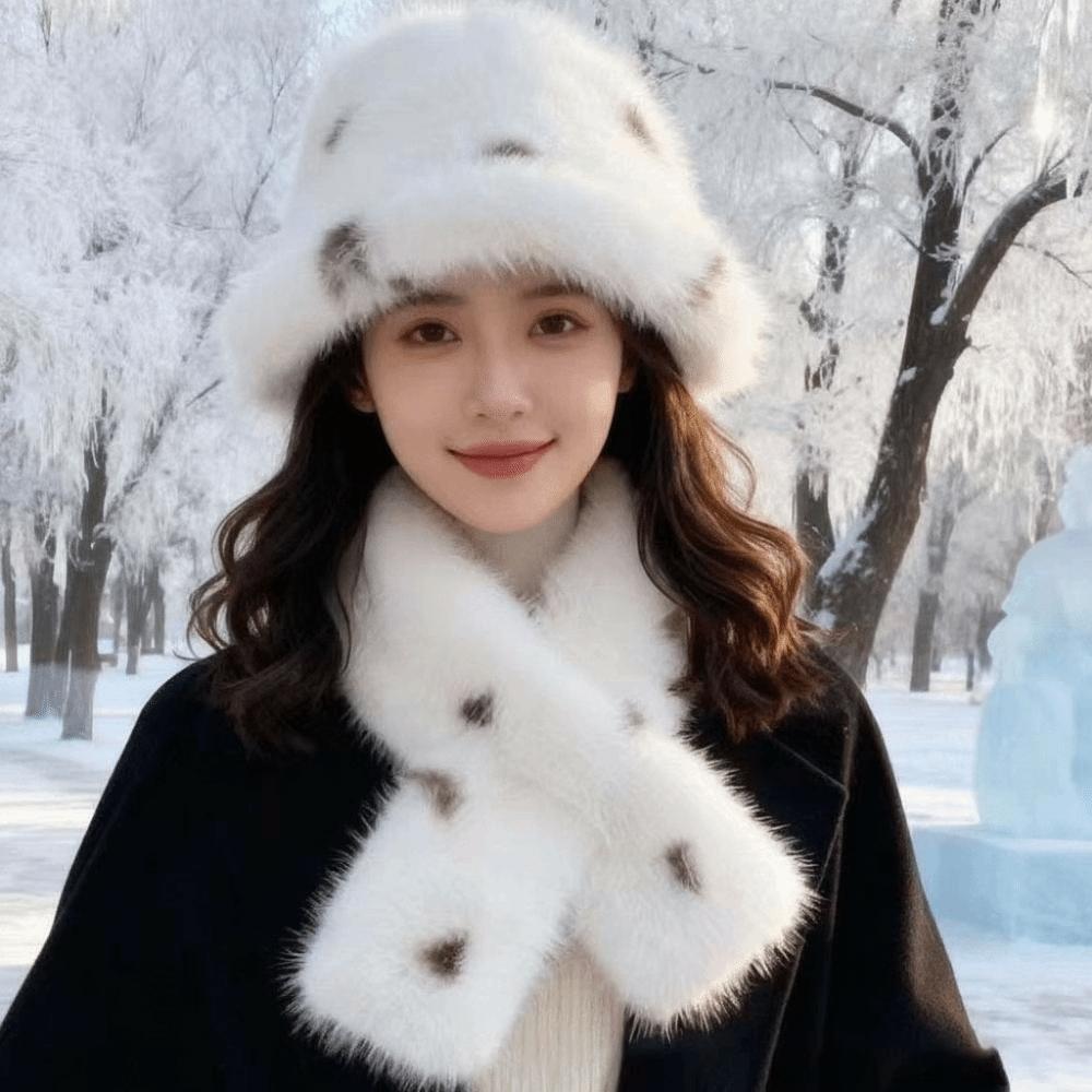 Thick Warm Faux Fur Hat Soft Fluffy Plush Neck Warmer Fuzzy Muffler Set Leopard Scarf Cold Weather