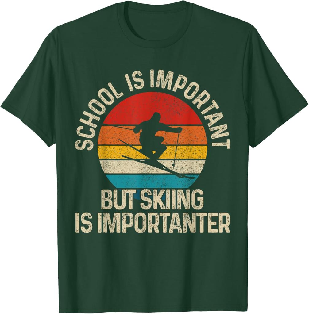 Skiing is Importanter Than School Funny Retro Sunset Graphic Tee Unisex Casual TShirt