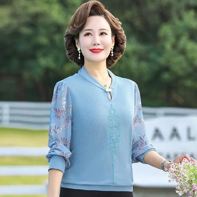 Korejská dámská móda Volné tričko Jaro Léto Stojáček Gáza Dlouhý rukáv Oblečení velkých velikostí Květinové Ležérní Základní