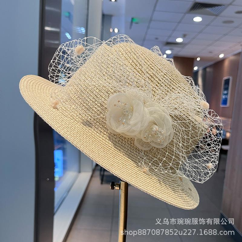 French sun hat mesh flower sun hat British flat top straw hat sun protection sun shade beach hat fashion hat top hat