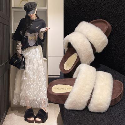 Fashion 2025 New Women Fur Slippers Open Toe Shoes Summer Flats Platform Sandals Trend Comfort Home Shoes Casual Flip Flops Slides