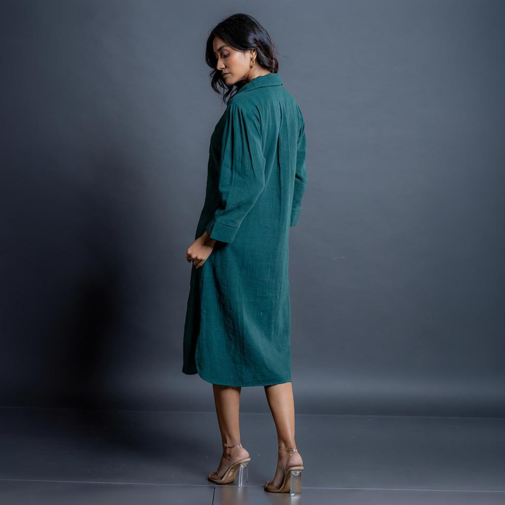 Women's Shirt Dress made of Cotton - Teal Button Down Long Dress, Kala Cotton Shirt Style, Loose Relaxed Fit