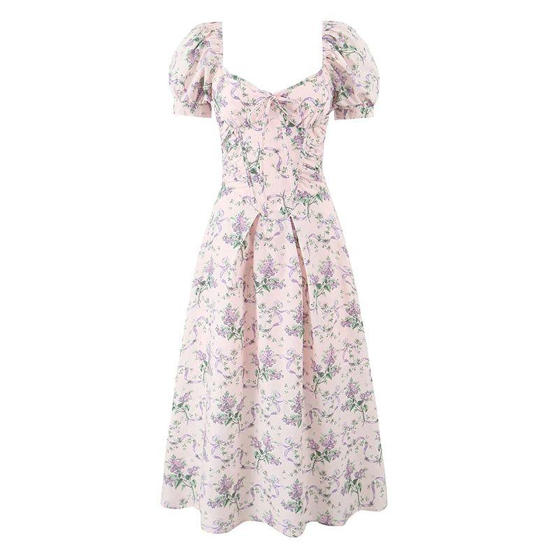 

Summer Coming House Same Style French style Romantic Crush Flower Pleat Waist Hugging Vacation Puff sleeve Mid-Length Dress Smash flower Puff Sleeves (hairline bone) L