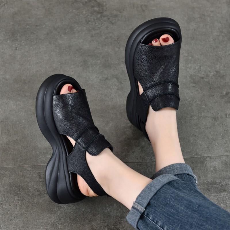 Johnature Sandálias Leves de Sola Grossa com Peep Toe Versátil Casual Couro Genuíno Sola Macia Sapatos Femininos