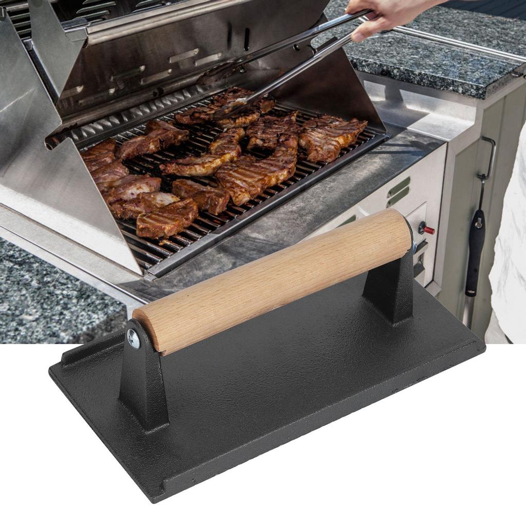 Cast Iron Grill Press Steak Bacon Weight Press Barbecue Griddle Press with Wood Handle
