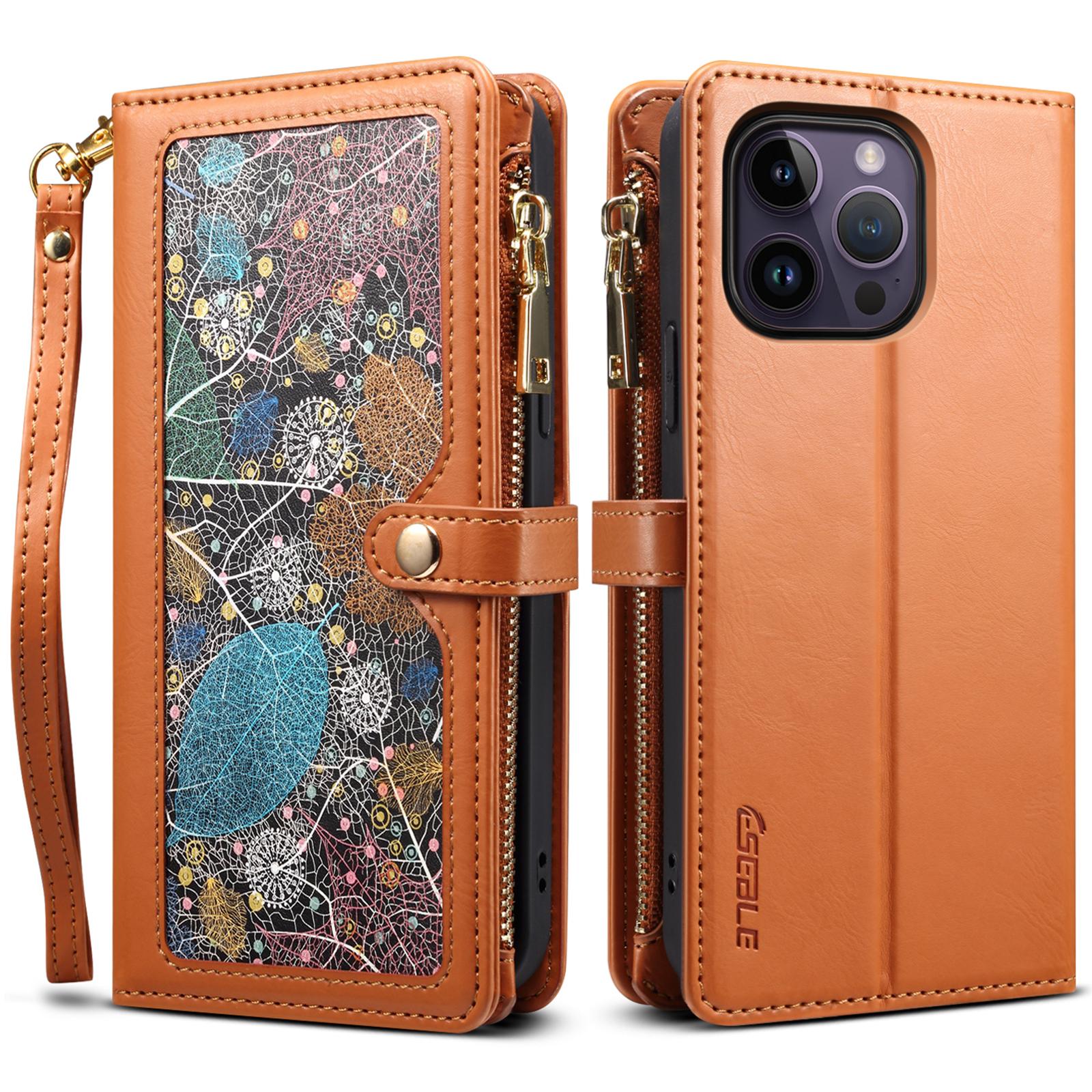 

ESEBLE Galaxy Series For iPhone 16 Pro Max Case RFID Blocking Zipper Wallet Leather Phone Cover Brown