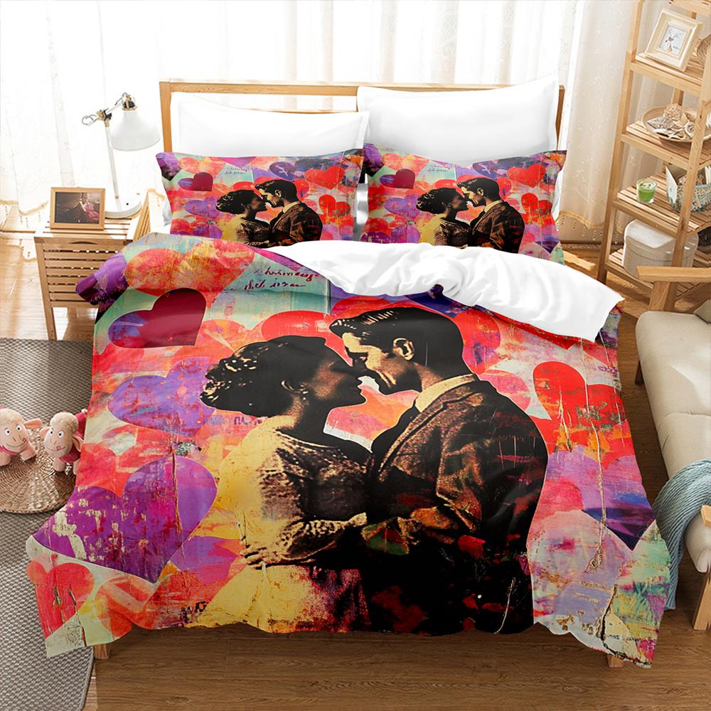 Love Heart And Newspaper Splicing Bedding Set Comforter Cover Soft Romantic Duvet Cover  For Girls Women Room  Valentine's Day
