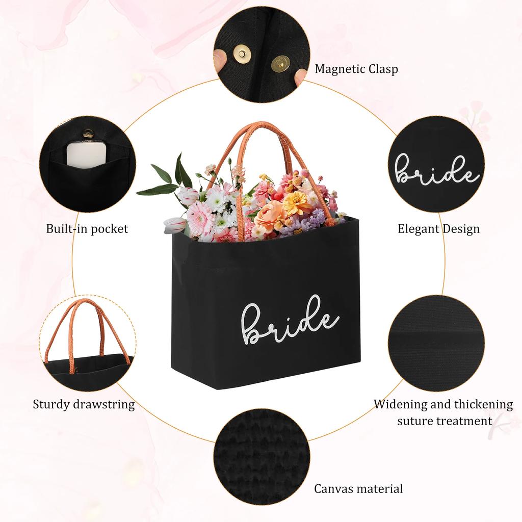 Bride Tote Bag Large Capacity Canvas Bags with Bride Lettering Shopping Handbag for Engagement Wedding Bachelorette Party Travel
