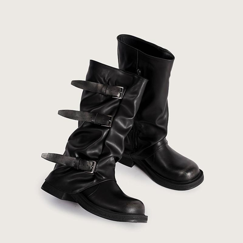 Vintage Soft Leather Belt Strap Buckle Mid-Calf Women Motorcycle Boots Fashion Thick High Heels Autumn Winter Knight Booties