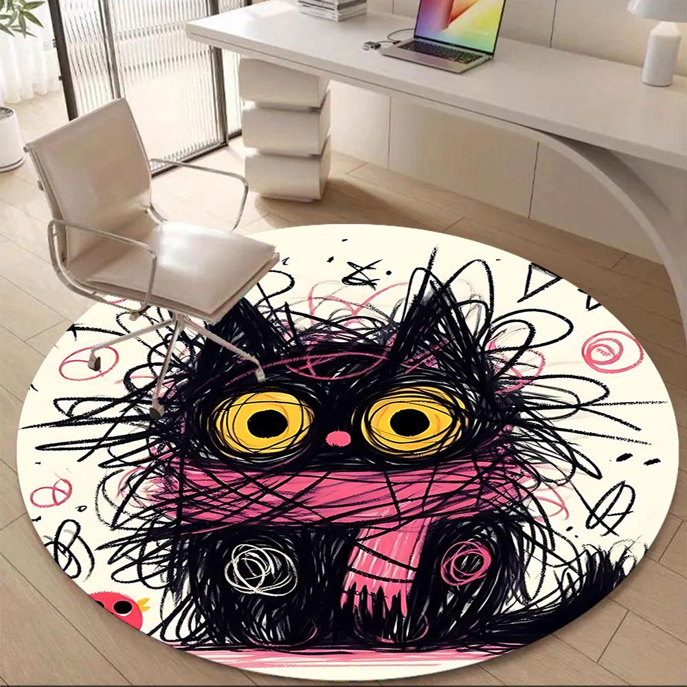 1pc Whimsical Feline Office Round Area Rug, Indoor Mat Suitable ForOffice, Under Office Chairs Bedroom Living Room Home Decor, Room Deco u44