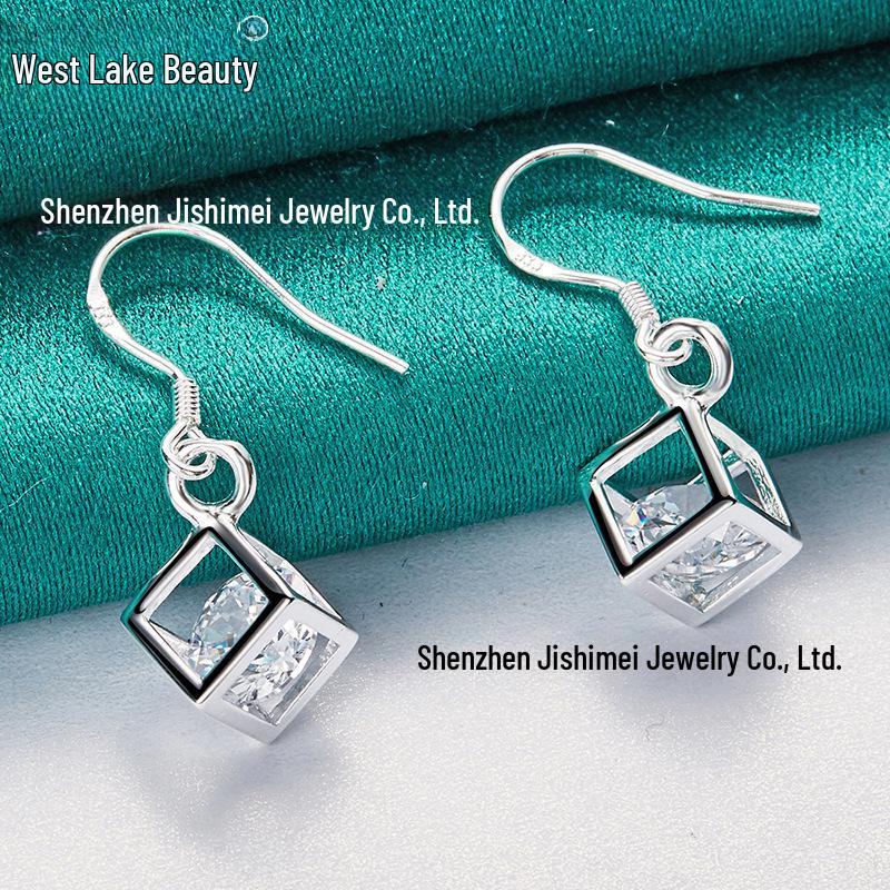 

Silver Hollow Cube Zircon Inlaid Earrings - Women s Jewelry by West Lake Beauty