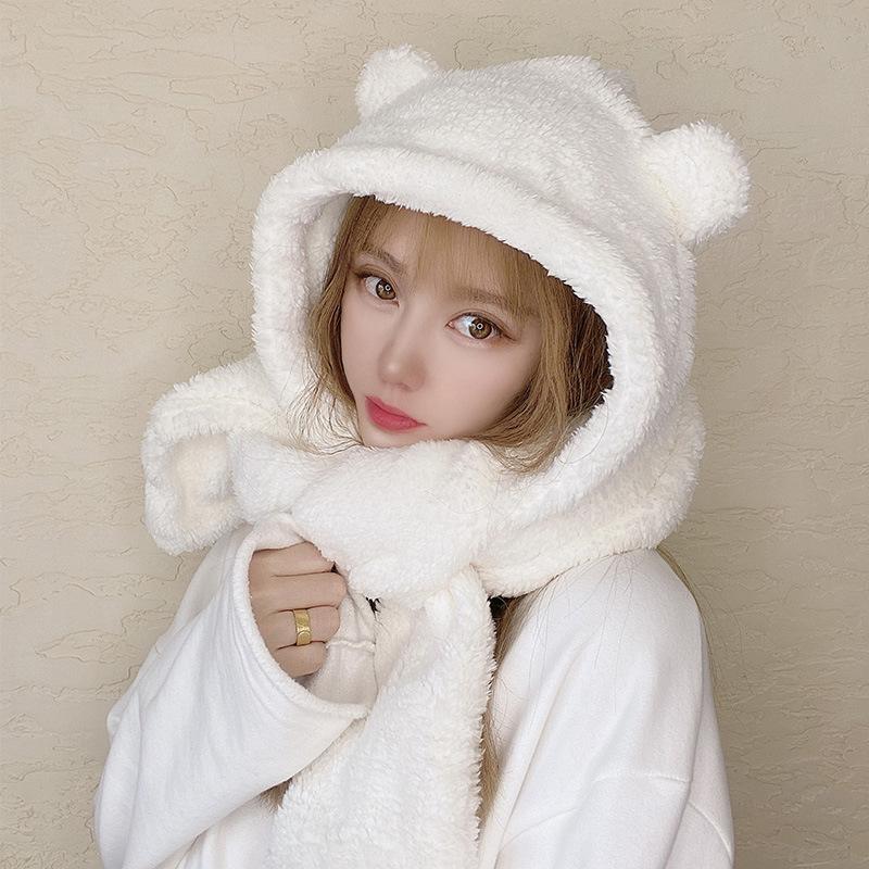 Conjunto de tres piezas de gorro, bufanda y guantes de oso grueso y lindo para mujer, cálido de felpa para otoño e invierno, gorro y bufanda integrados
