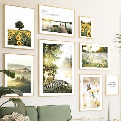 Pampeliška Slunečnice Daisy Lake Wall Art Malba na plátně Severské Plakáty a obrazy Krajina Obrazy na zeď do obývacího pokoje