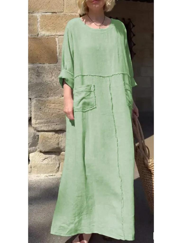 2026 Grenzüberschreitendes Sommer-Freizeitkleid für Damen, Rundhalsausschnitt, Baumwoll-Leinen, Langarm, mit Falten und doppelten Seitentaschen