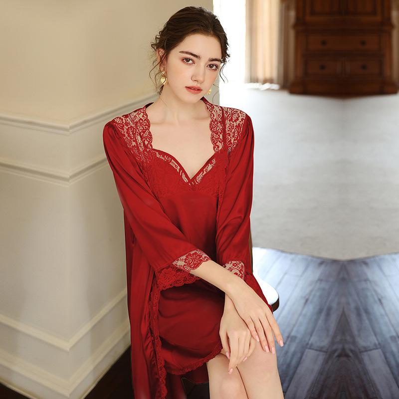 Sexy pajamas women's spring, autumn and summer new lace temptation pure desire wind French long nightgown nightgown two-piece set in stock